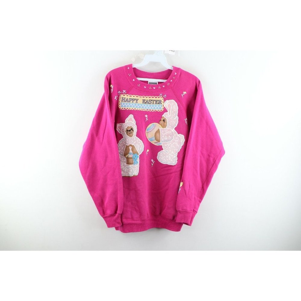 Vintage 90s Streetwear Womens Xl Happy Easter Puffy Paint Bear Sweatshirt Pink